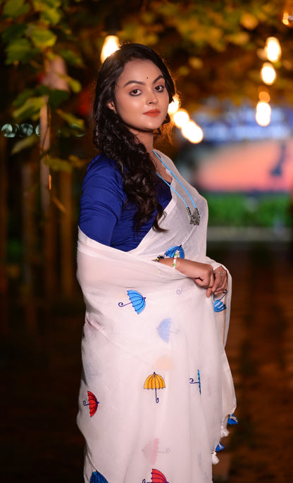 Elegant White Mull Cotton Saree with Colorful Umbrella Embroidery – Handwoven Lightweight Saree