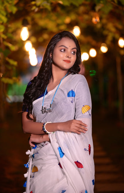Elegant White Mull Cotton Saree with Colorful Umbrella Embroidery – Handwoven Lightweight Saree