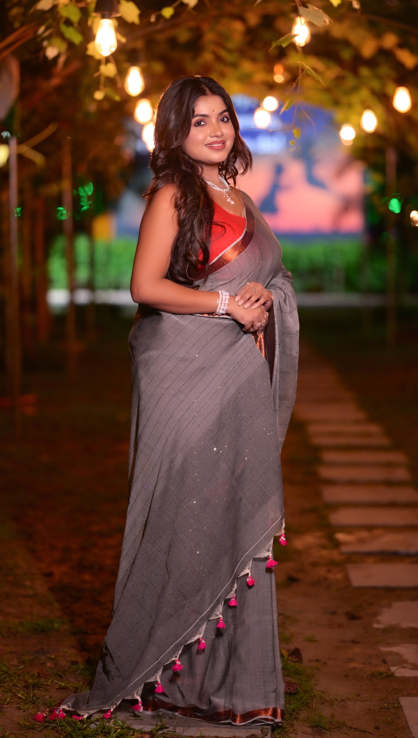 Sophisticated Grey Mull Cotton Saree with Copper Border & Blouse