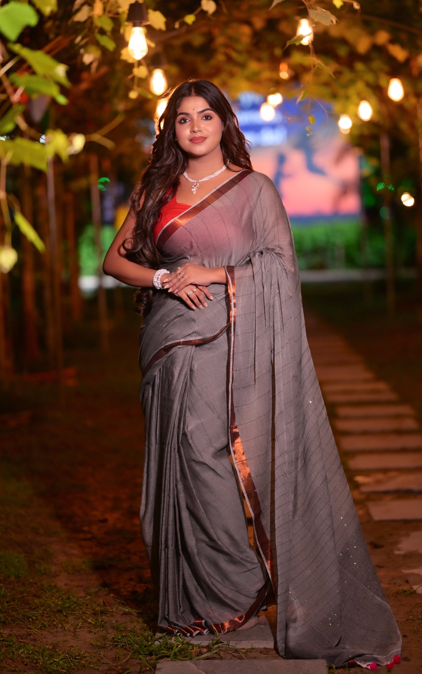 Sophisticated Grey Mull Cotton Saree with Copper Border & Blouse