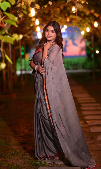 Sophisticated Grey Mull Cotton Saree with Copper Border & Blouse