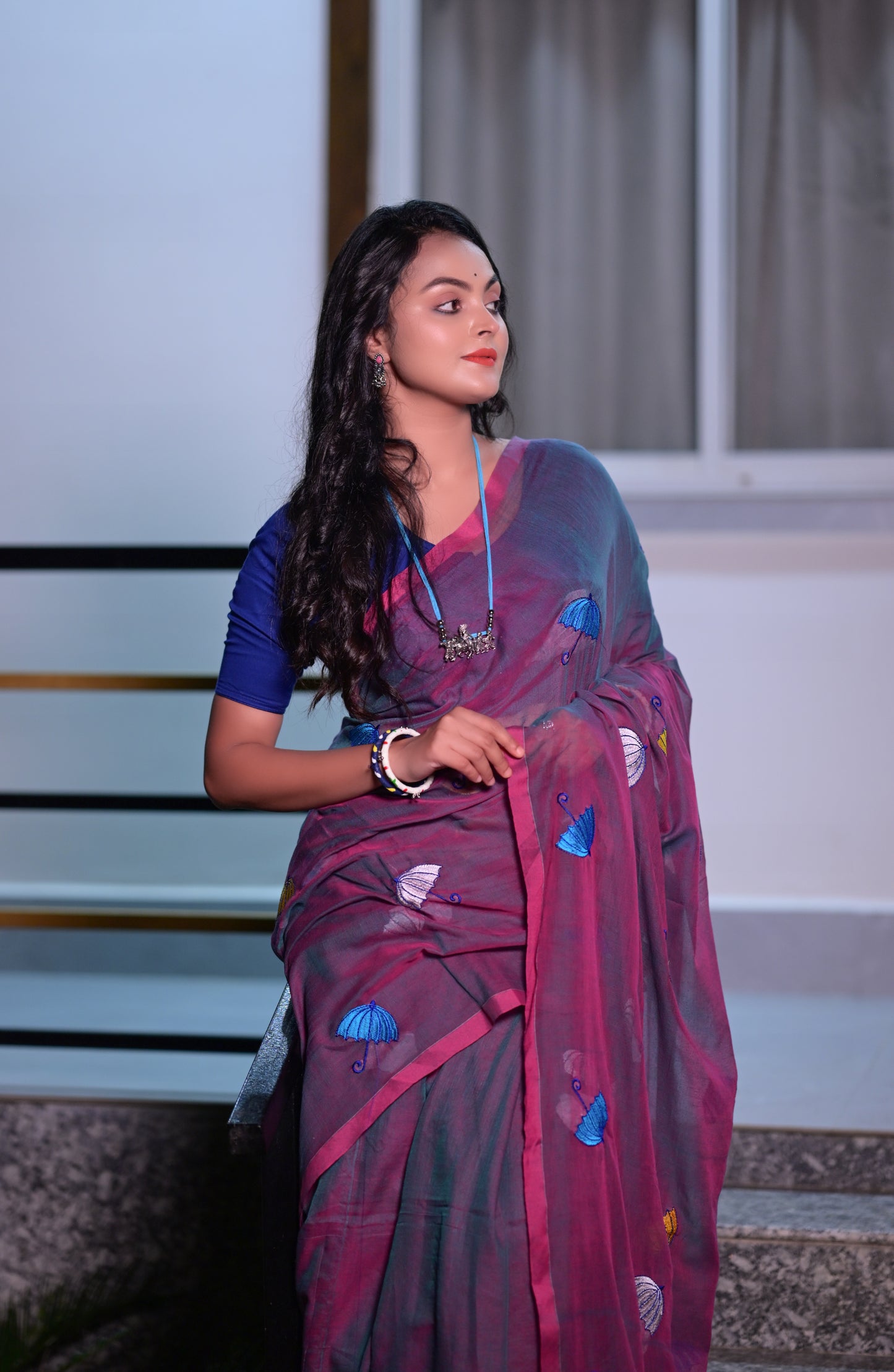 Stylish Maroon Mull Cotton Saree with Multicolor Umbrella Embroidery – Lightweight Handwoven Saree