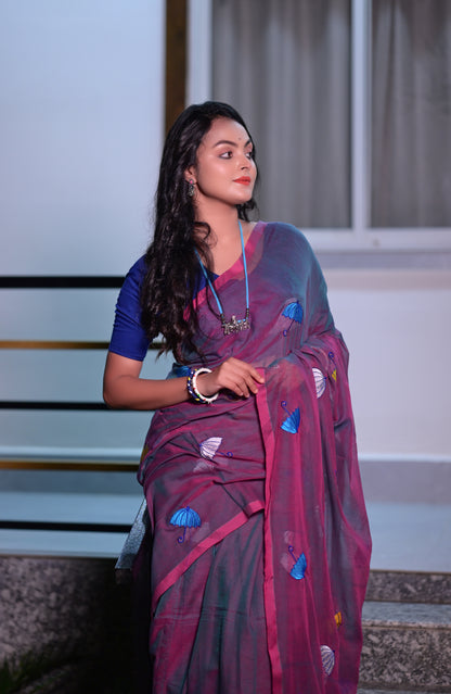 Stylish Maroon Mull Cotton Saree with Multicolor Umbrella Embroidery – Lightweight Handwoven Saree