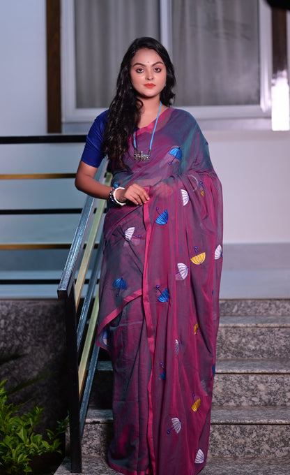 Stylish Maroon Mull Cotton Saree with Multicolor Umbrella Embroidery – Lightweight Handwoven Saree