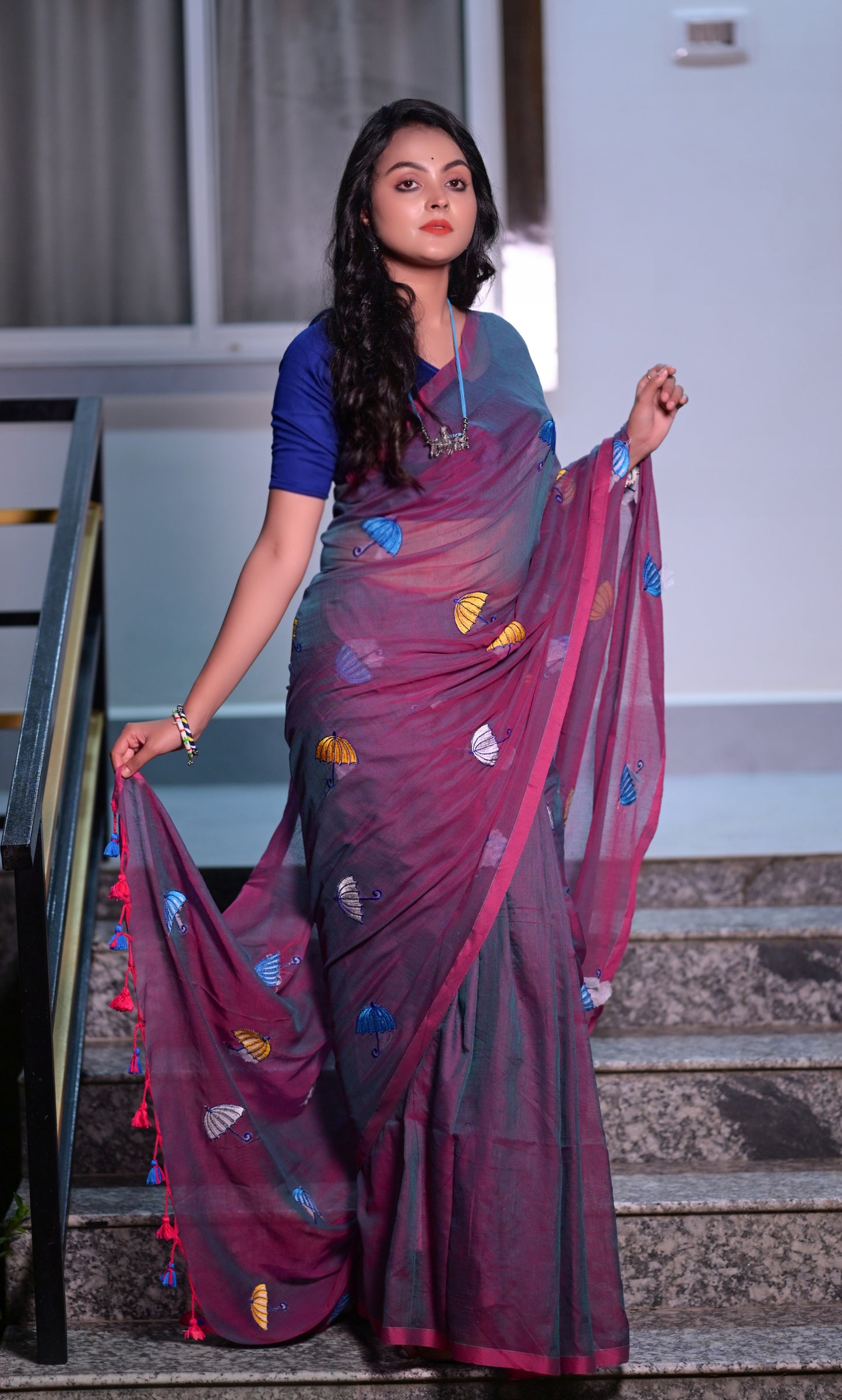 Stylish Maroon Mull Cotton Saree with Multicolor Umbrella Embroidery – Lightweight Handwoven Saree