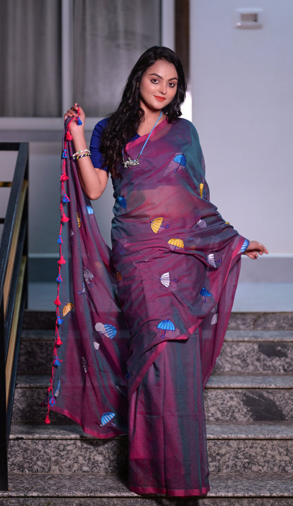 Stylish Maroon Mull Cotton Saree with Multicolor Umbrella Embroidery – Lightweight Handwoven Saree
