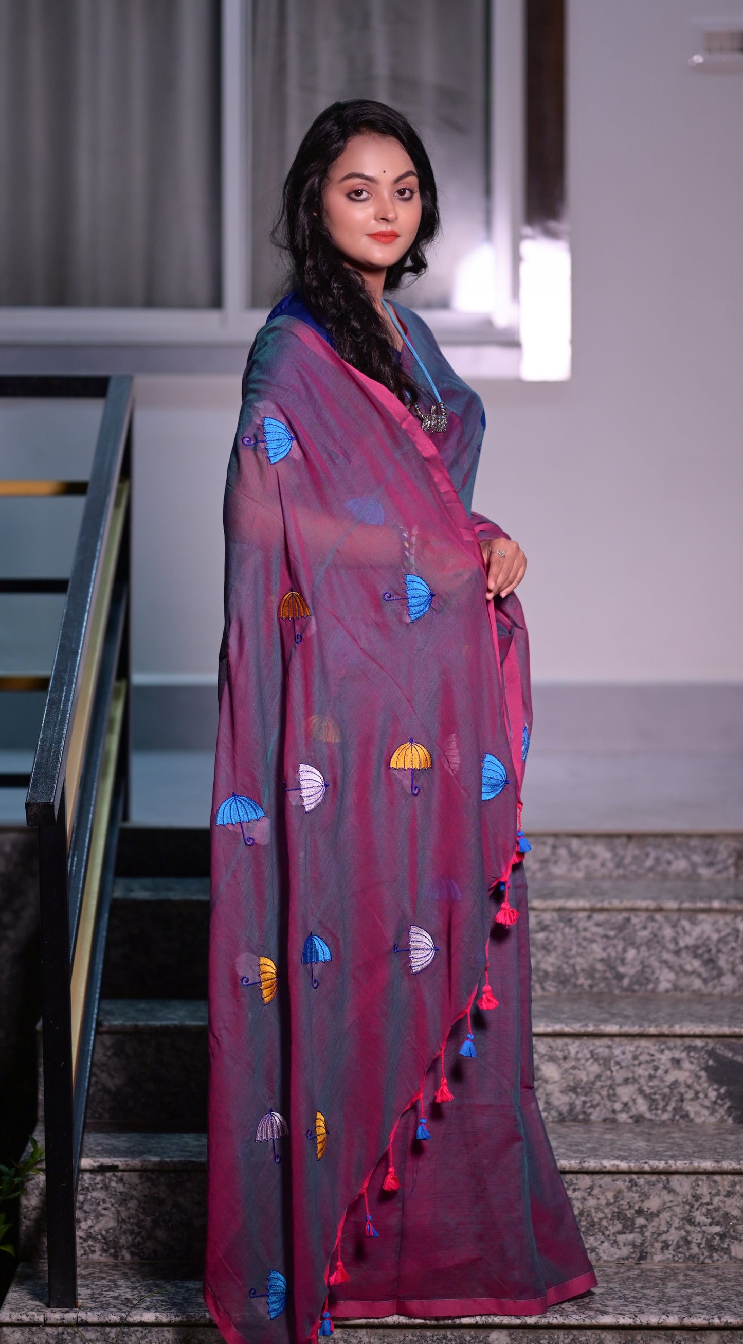 Stylish Maroon Mull Cotton Saree with Multicolor Umbrella Embroidery – Lightweight Handwoven Saree