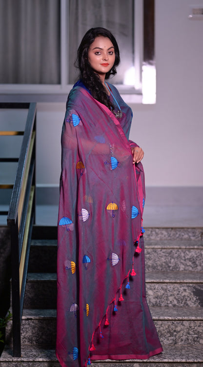 Stylish Maroon Mull Cotton Saree with Multicolor Umbrella Embroidery – Lightweight Handwoven Saree