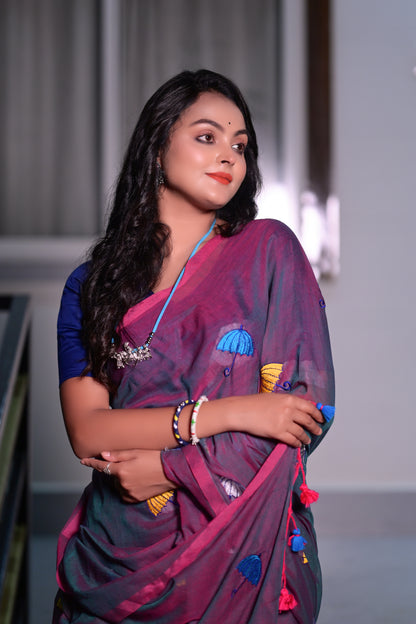 Stylish Maroon Mull Cotton Saree with Multicolor Umbrella Embroidery – Lightweight Handwoven Saree