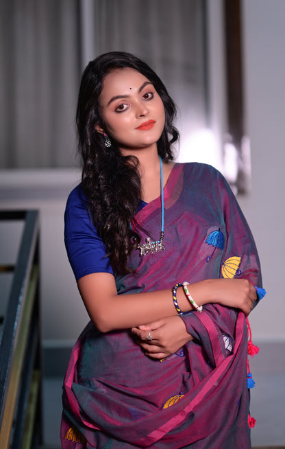 Stylish Maroon Mull Cotton Saree with Multicolor Umbrella Embroidery – Lightweight Handwoven Saree