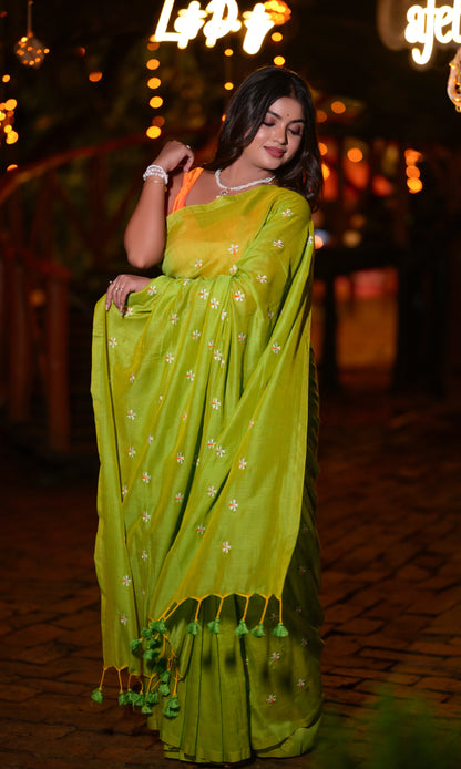 Elegant Green Khadi Cotton Saree with Embroidered Motifs & Matching Blouse Piece