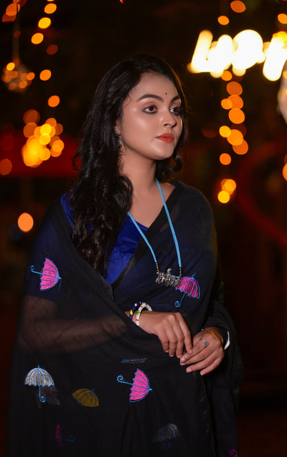 Graceful Black Mull Cotton Saree with Multicolor Umbrella Embroidery – Lightweight Handwoven Saree
