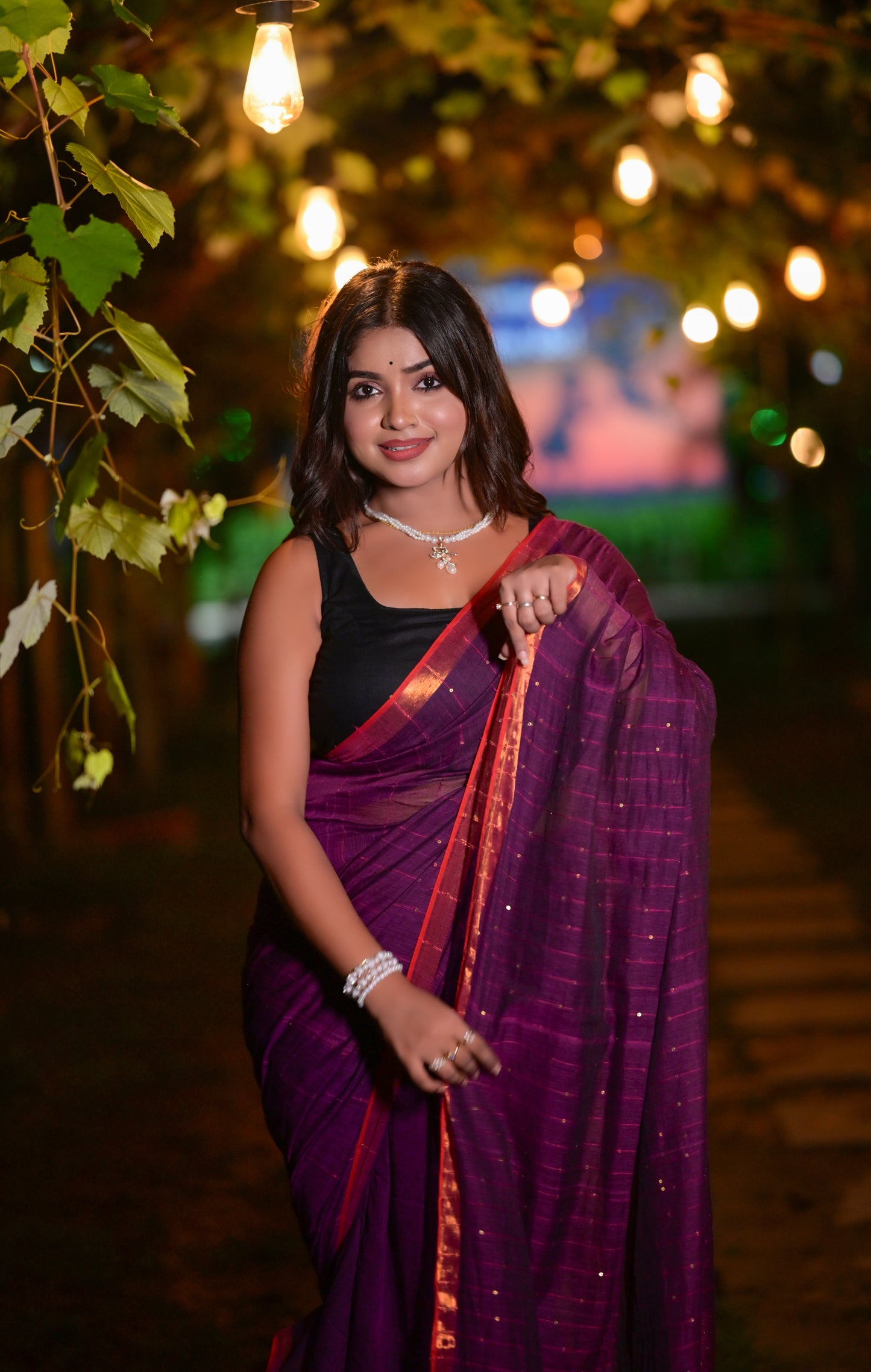 Royal Purple Mull Cotton Saree with Copper Border & Blouse