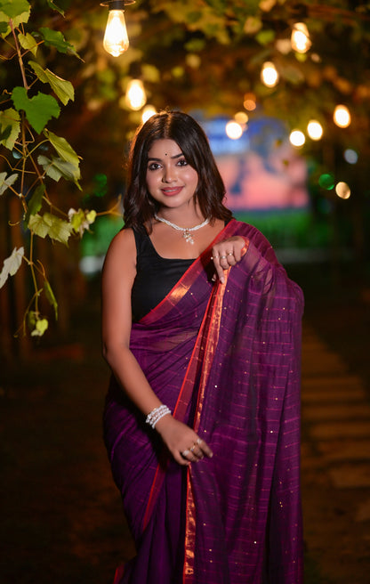 Royal Purple Mull Cotton Saree with Copper Border & Blouse