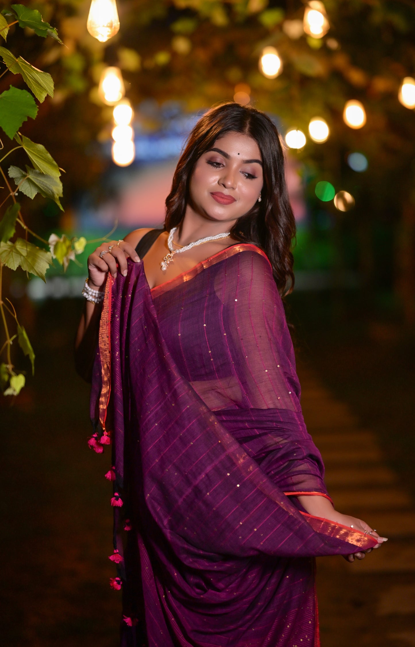 Royal Purple Mull Cotton Saree with Copper Border & Blouse
