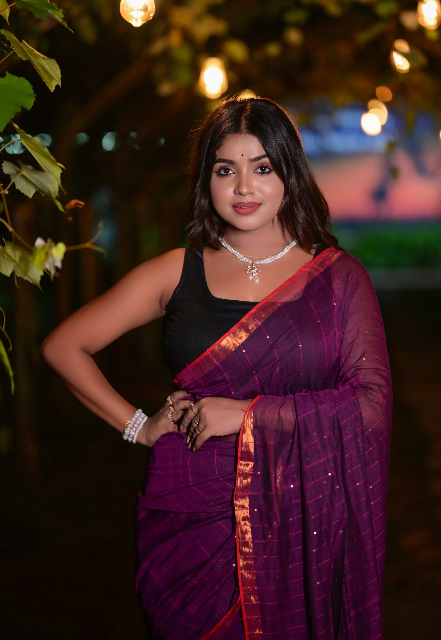 Royal Purple Mull Cotton Saree with Copper Border & Blouse