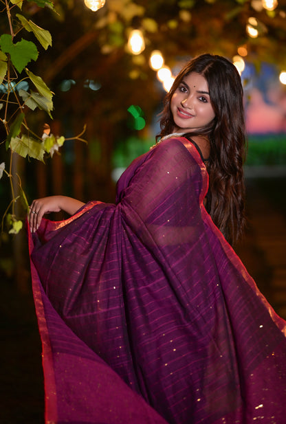 Royal Purple Mull Cotton Saree with Copper Border & Blouse