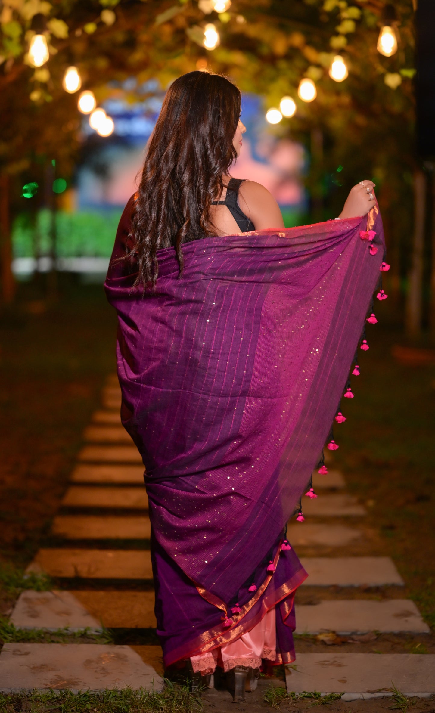 Royal Purple Mull Cotton Saree with Copper Border & Blouse