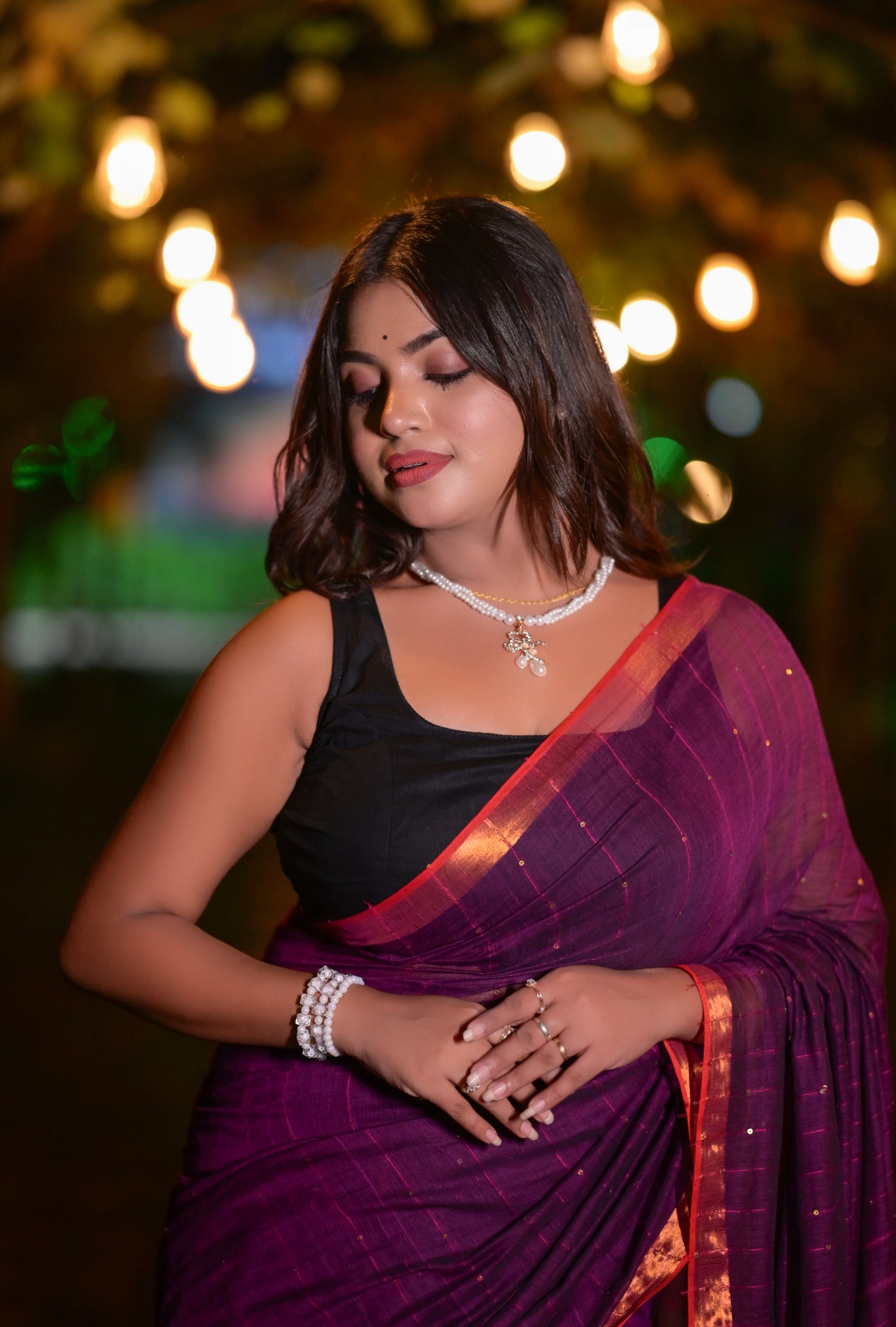 Royal Purple Mull Cotton Saree with Copper Border & Blouse