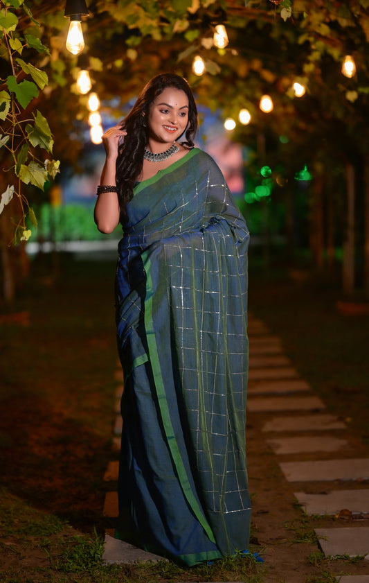 Elegant Green Khadi Cotton Saree with Silver Check Design & Matching Blouse Piece