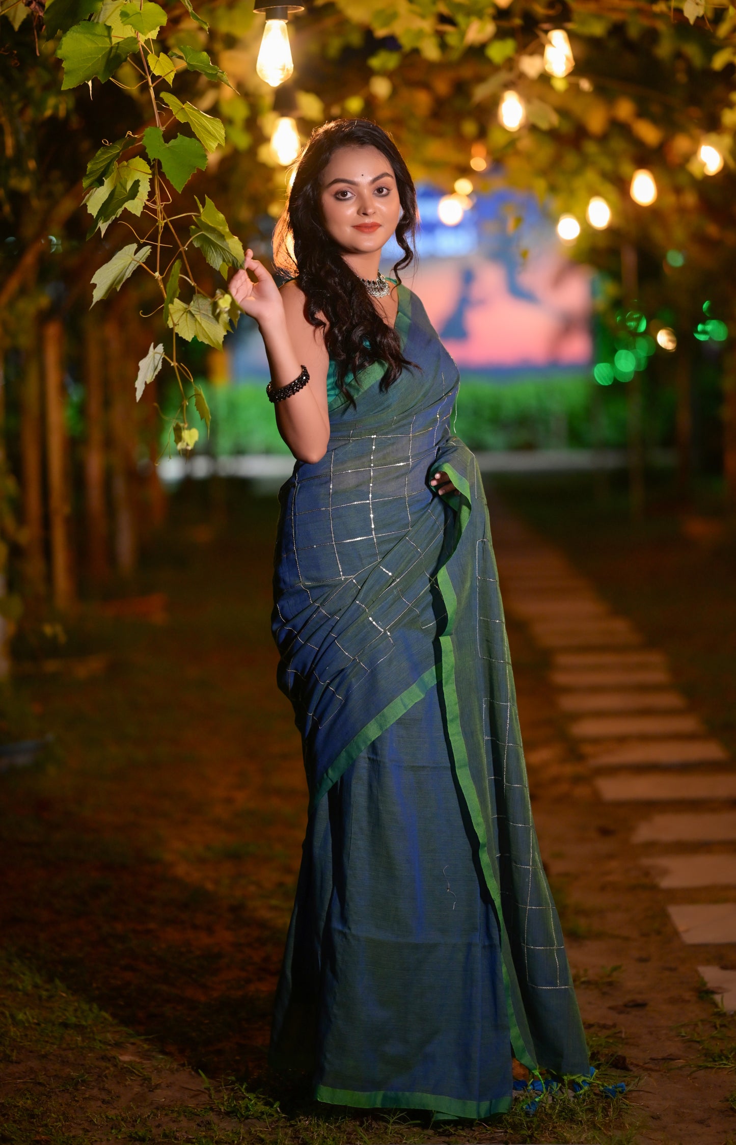 Elegant Green Khadi Cotton Saree with Silver Check Design & Matching Blouse Piece