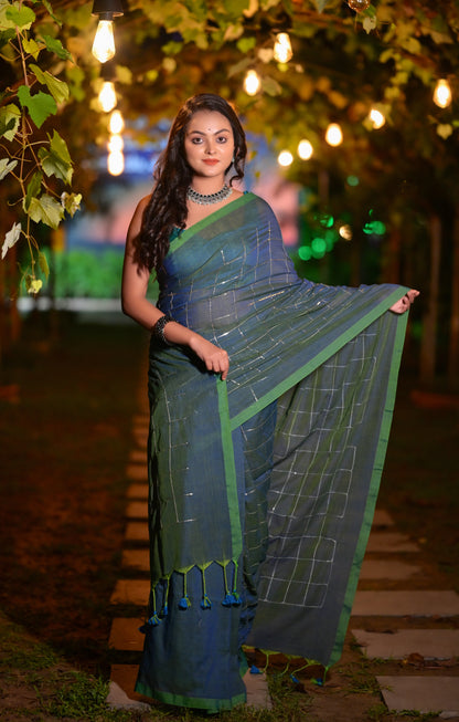 Elegant Green Khadi Cotton Saree with Silver Check Design & Matching Blouse Piece