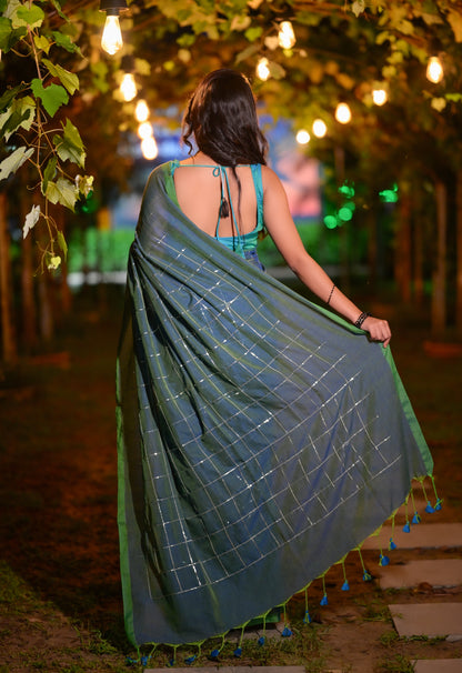 Elegant Green Khadi Cotton Saree with Silver Check Design & Matching Blouse Piece