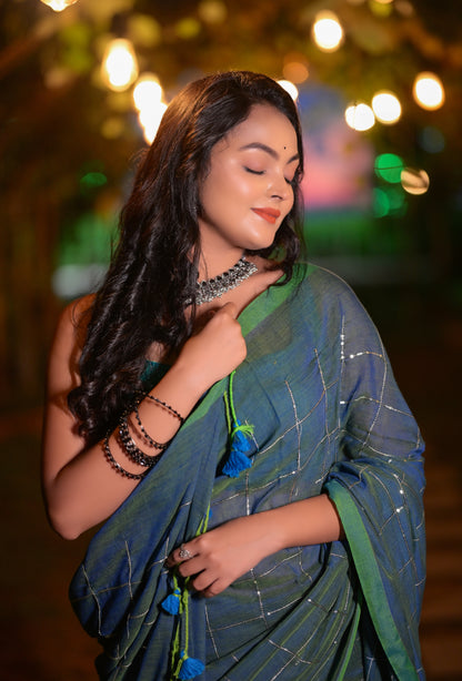 Elegant Green Khadi Cotton Saree with Silver Check Design & Matching Blouse Piece