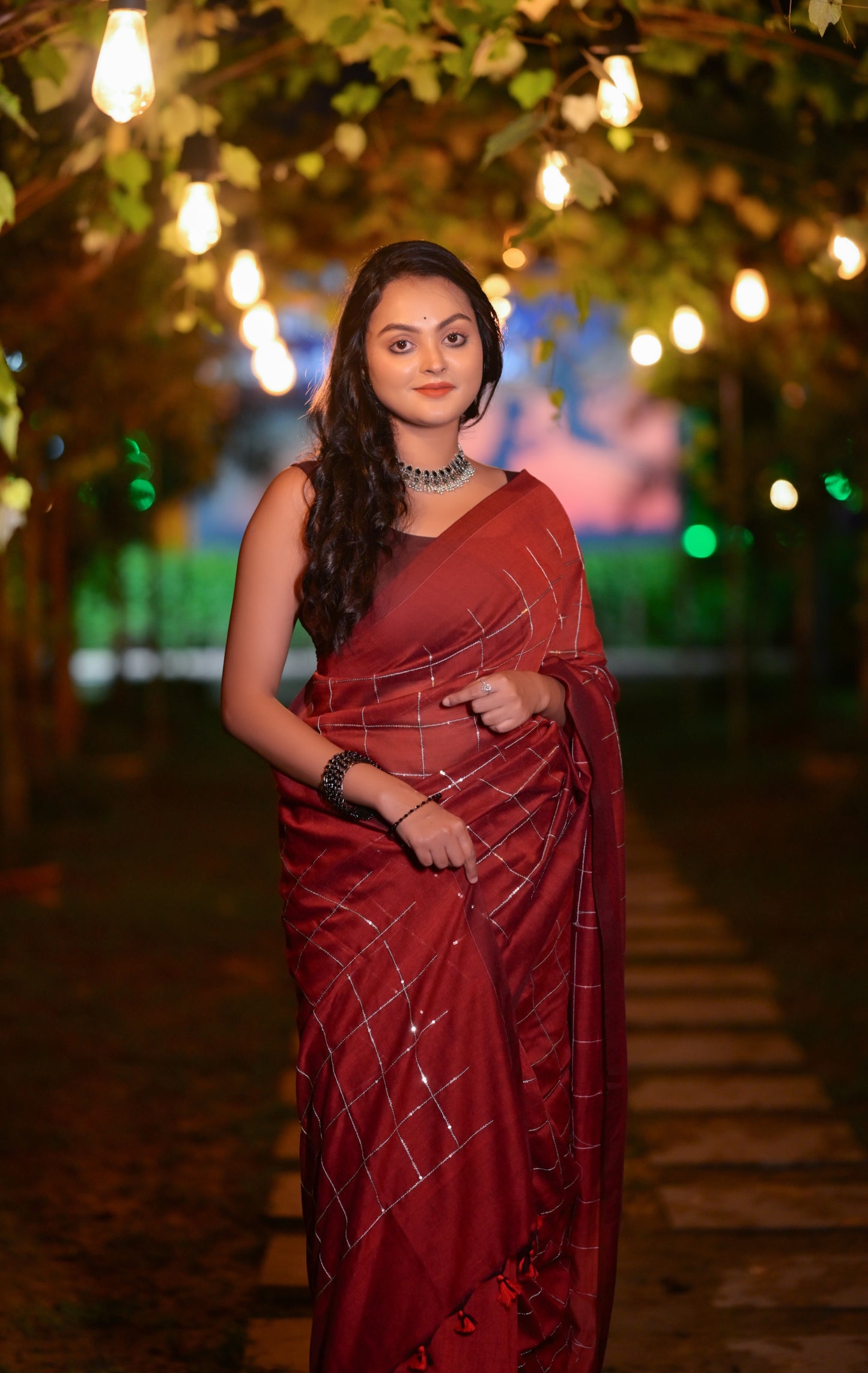 Classic Maroon Khadi Cotton Saree with Silver Check Pattern & Matching Blouse Piece