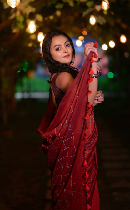 Classic Maroon Khadi Cotton Saree with Silver Check Pattern & Matching Blouse Piece
