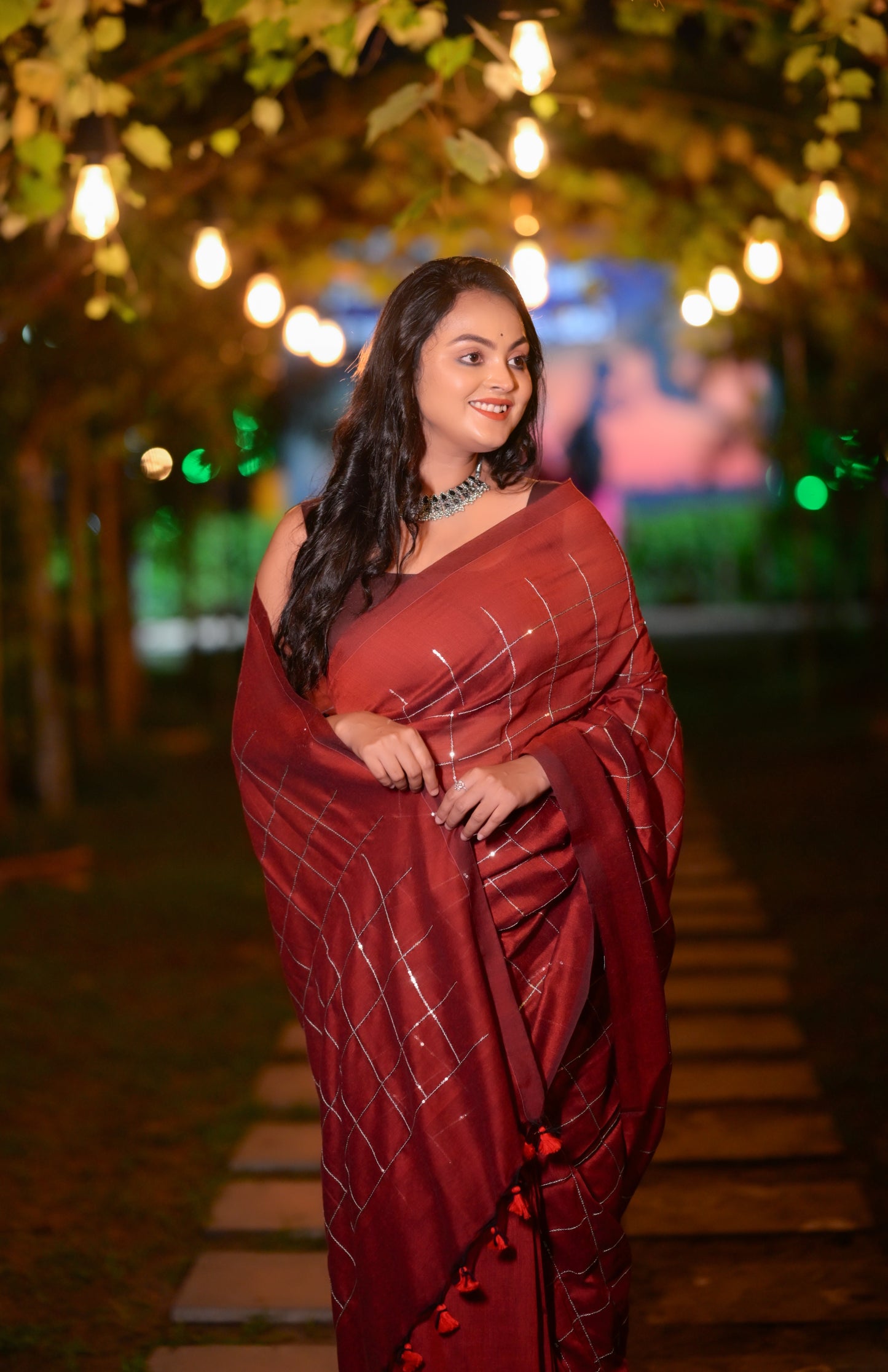 Classic Maroon Khadi Cotton Saree with Silver Check Pattern & Matching Blouse Piece