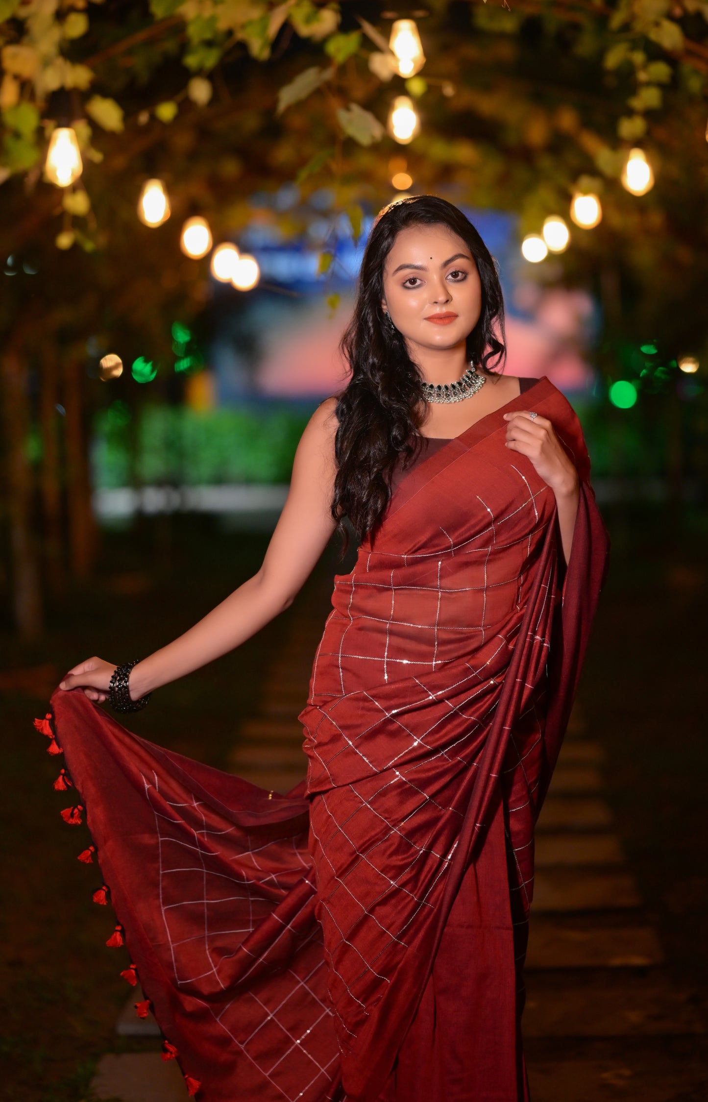 Classic Maroon Khadi Cotton Saree with Silver Check Pattern & Matching Blouse Piece