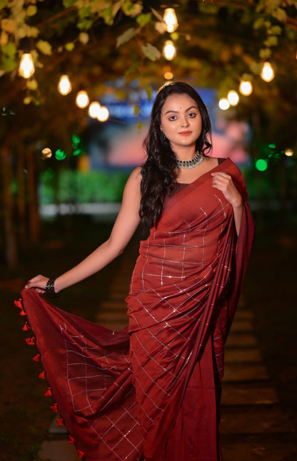 Classic Maroon Khadi Cotton Saree with Silver Check Pattern & Matching Blouse Piece