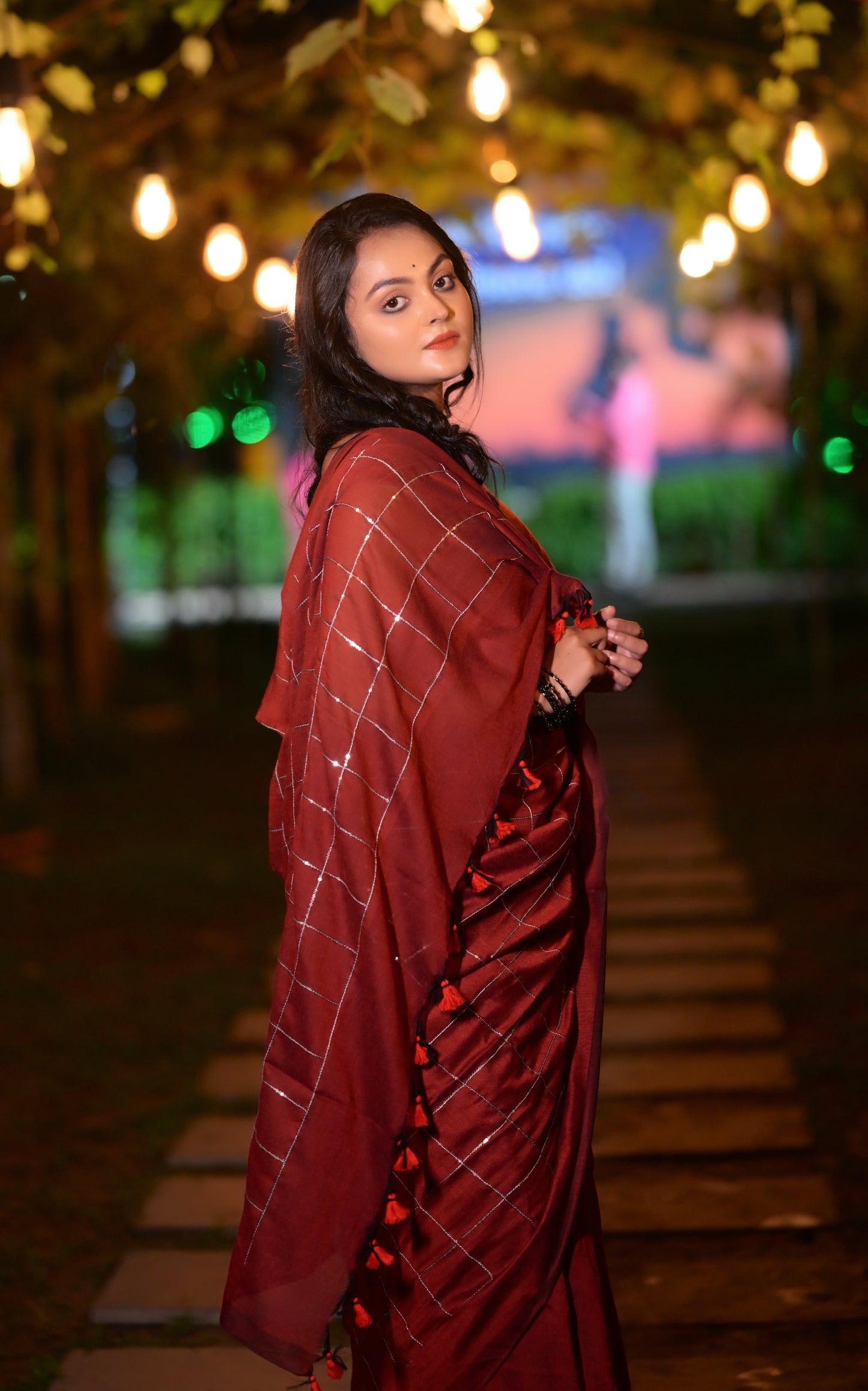 Classic Maroon Khadi Cotton Saree with Silver Check Pattern & Matching Blouse Piece