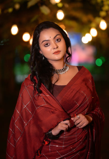 Classic Maroon Khadi Cotton Saree with Silver Check Pattern & Matching Blouse Piece
