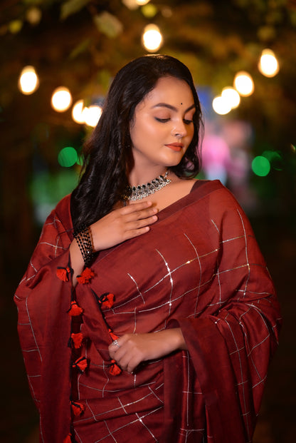 Classic Maroon Khadi Cotton Saree with Silver Check Pattern & Matching Blouse Piece
