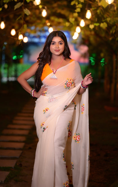 Elegant Off-White Floral Embroidered Mull Cotton Saree (Blouse Not Included)