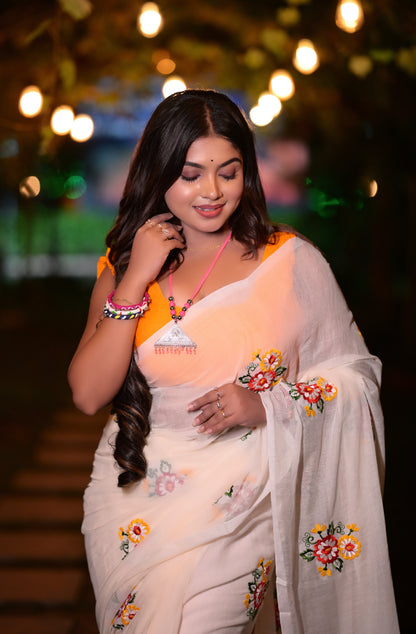 Elegant Off-White Floral Embroidered Mull Cotton Saree (Blouse Not Included)