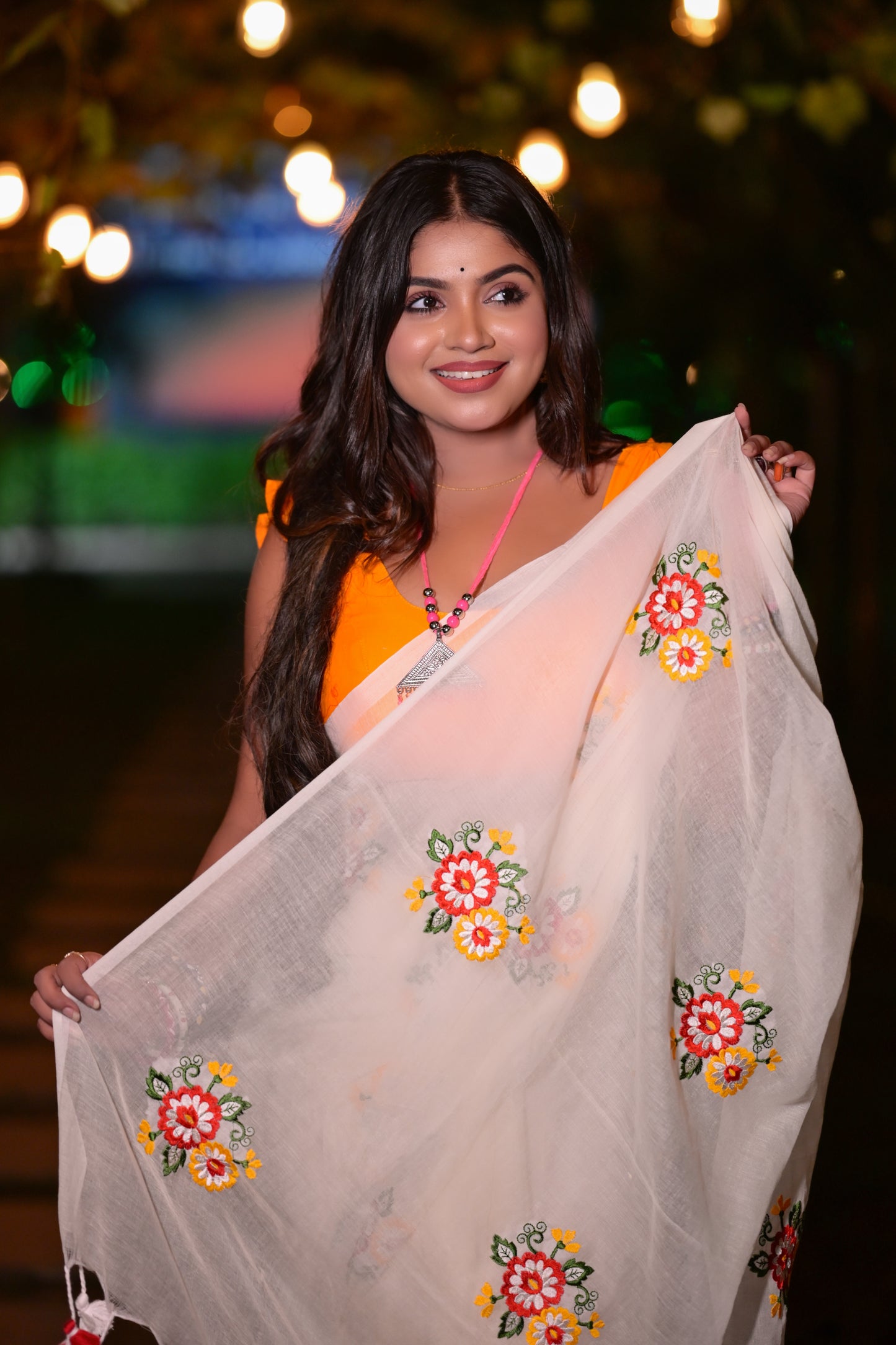 Elegant Off-White Floral Embroidered Mull Cotton Saree (Blouse Not Included)