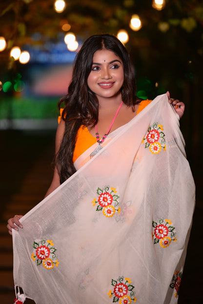 Elegant Off-White Floral Embroidered Mull Cotton Saree (Blouse Not Included)