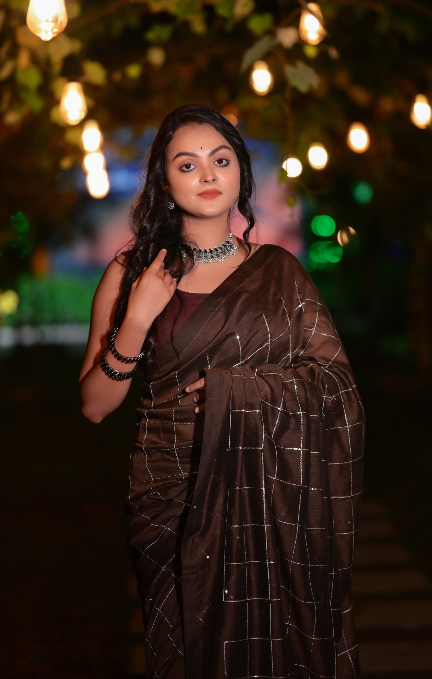 Elegant Brown Khadi Cotton Saree with Silver Check Design & Matching Blouse Piece