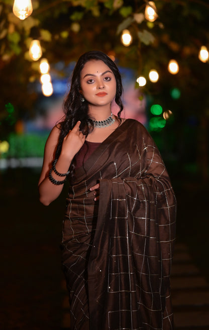 Elegant Brown Khadi Cotton Saree with Silver Check Design & Matching Blouse Piece