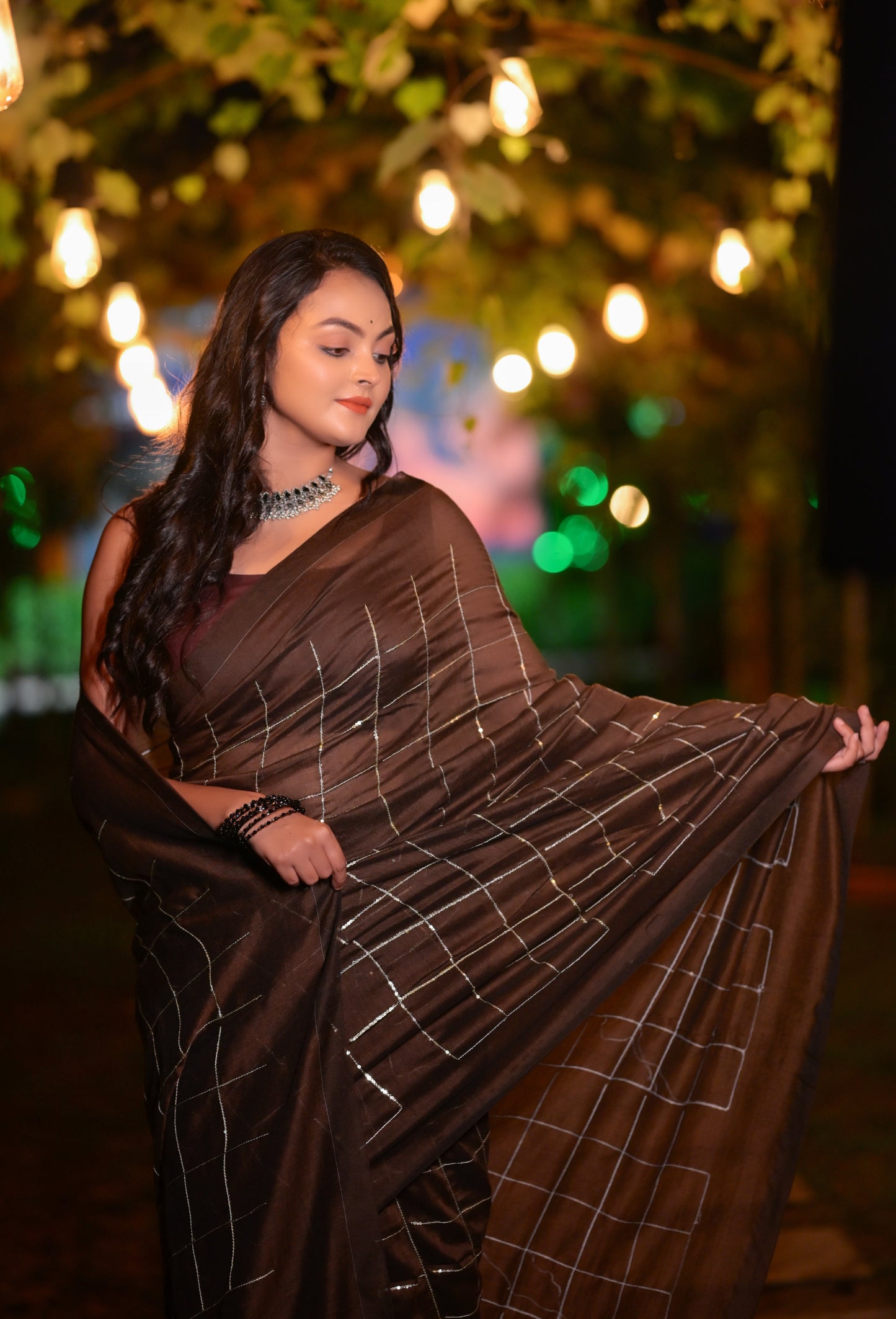 Elegant Brown Khadi Cotton Saree with Silver Check Design & Matching Blouse Piece