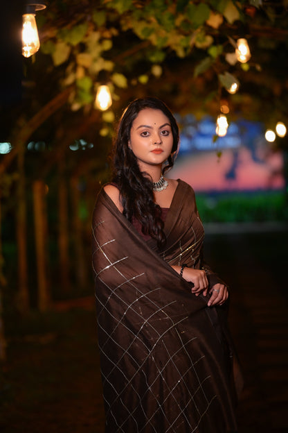 Elegant Brown Khadi Cotton Saree with Silver Check Design & Matching Blouse Piece