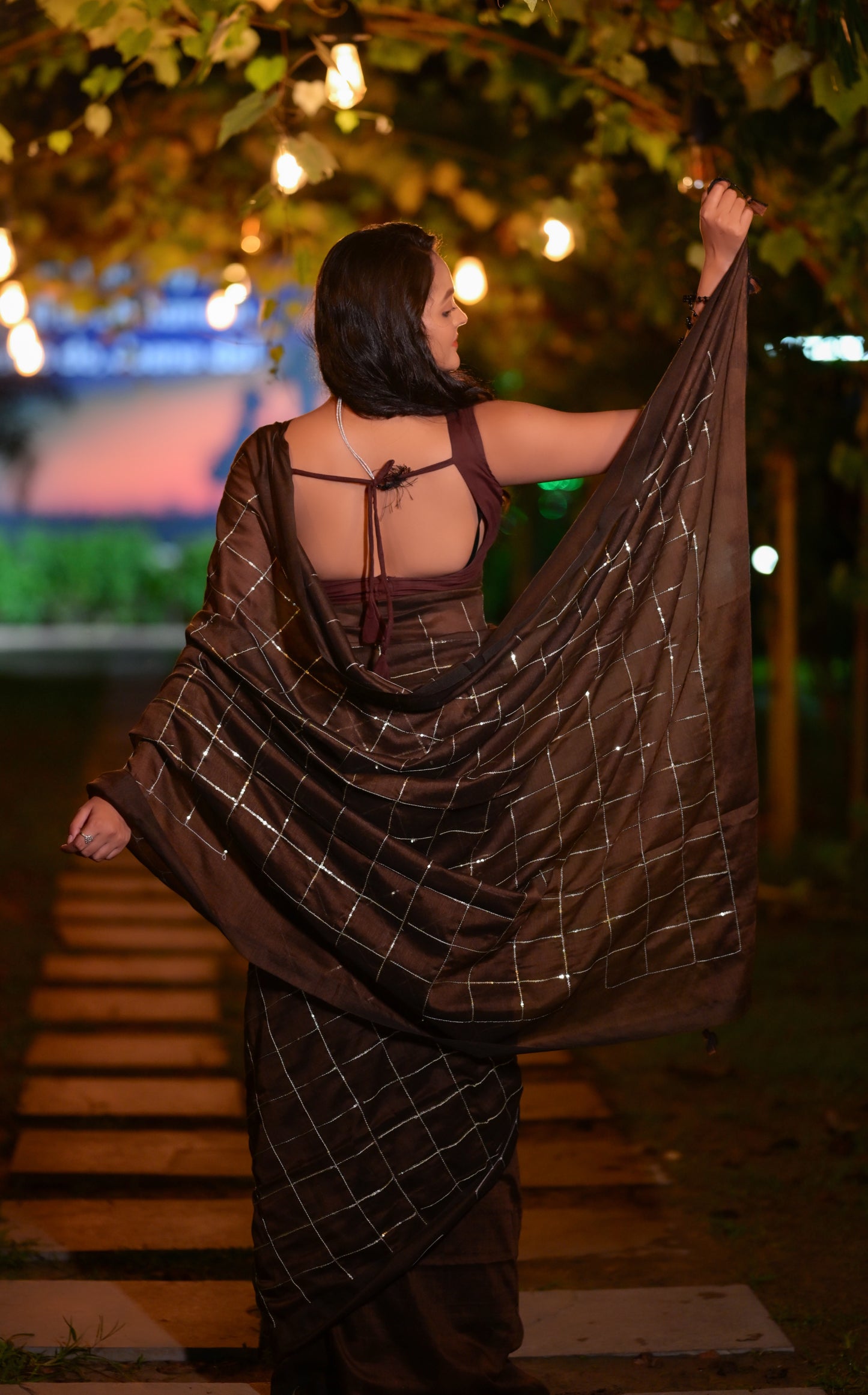 Elegant Brown Khadi Cotton Saree with Silver Check Design & Matching Blouse Piece