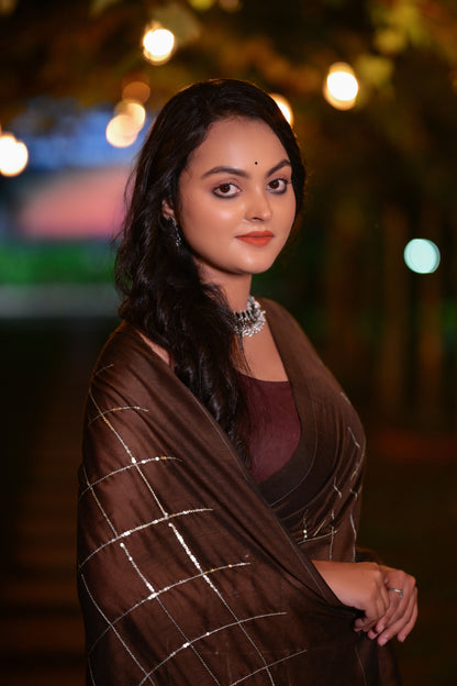 Elegant Brown Khadi Cotton Saree with Silver Check Design & Matching Blouse Piece