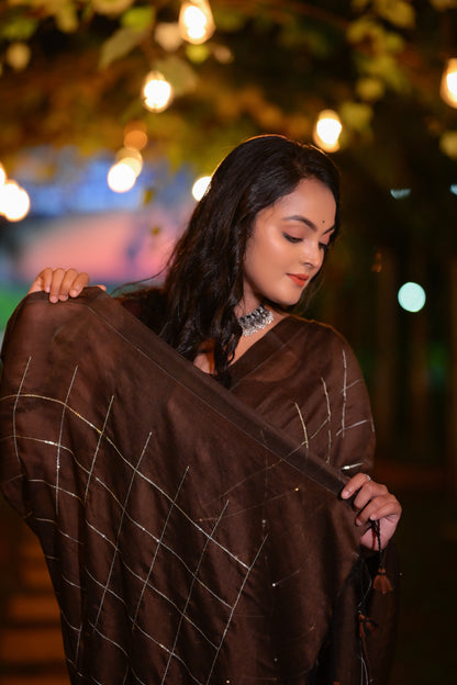Elegant Brown Khadi Cotton Saree with Silver Check Design & Matching Blouse Piece