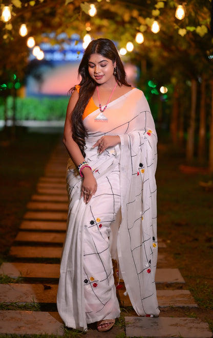 Classic White Mull Cotton Saree with Minimal Embroidered Accents | Blouse Piece Not Included