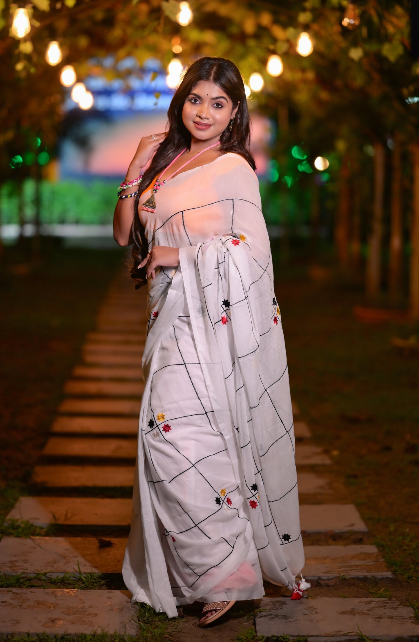 Classic White Mull Cotton Saree with Minimal Embroidered Accents | Blouse Piece Not Included