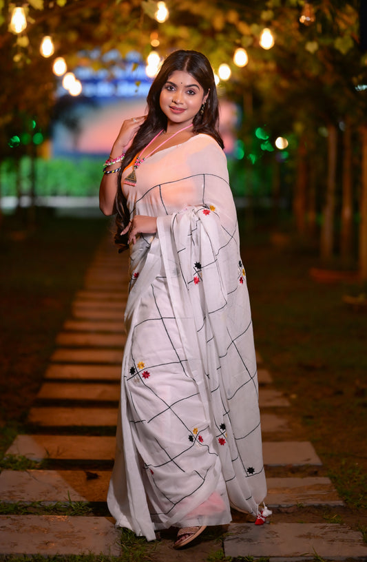 Classic White Mull Cotton Saree with Minimal Embroidered Accents | Blouse Piece Not Included